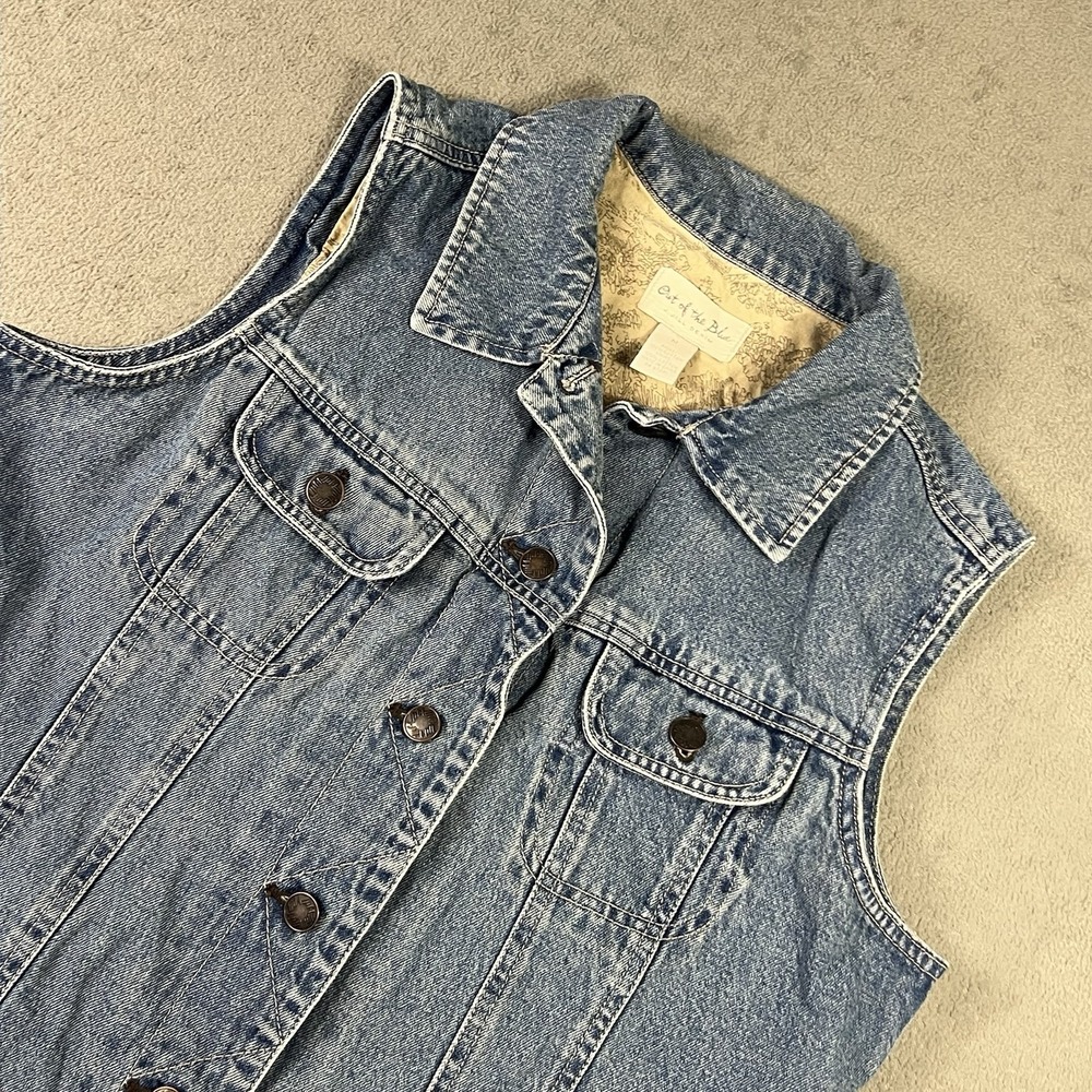 J Jill Denim Out Of The Blue Toile Lined Jean Vest Women M Blue Copper Buttons